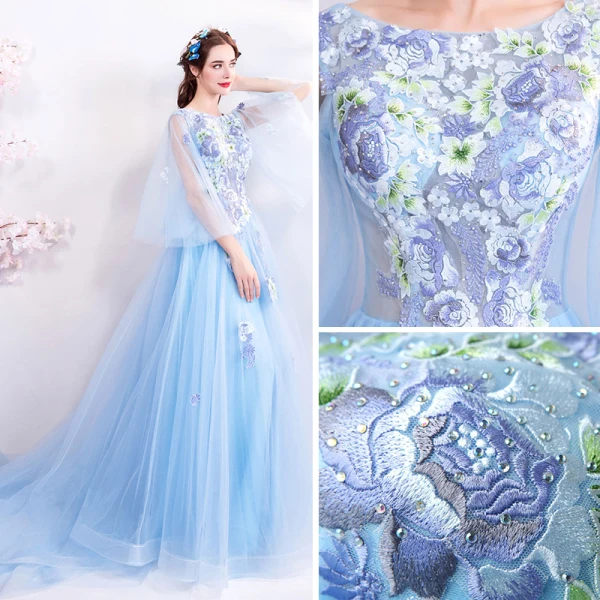 Élégant Bleu Ciel Robe De Soirée 2018 Princesse Encolure Carrée 3/4 Manches Brodé Appliques En Dentelle Faux Diamant Chapel Train Volants Dos Nu Robe De Ceremonie