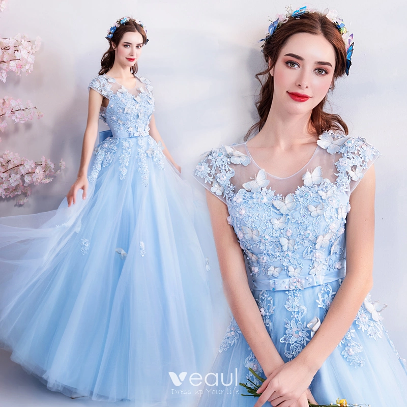 Charming Sky Blue Evening Dresses 2019 A-Line / Princess Spaghetti Straps Butterfly  Appliques Sleeveless Backless Floor