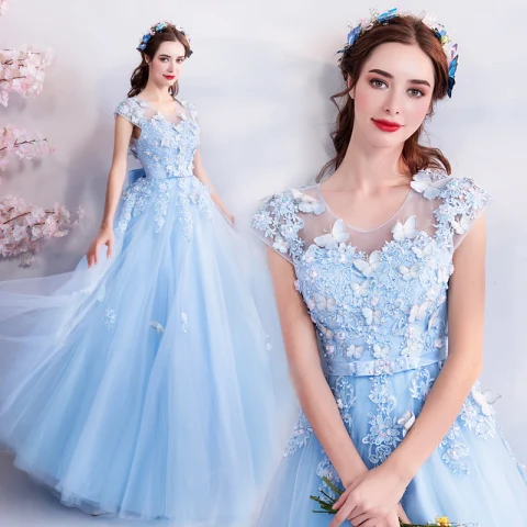 Chic / Belle Bleu Ciel Robe De Soirée 2018 Princesse U-Cou Mancherons Papillon Appliques En Dentelle Perlage Noeud Ceinture Longue Volants