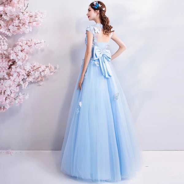 Schöne Himmelblau Abendkleider 2018 A Linie U-Ausschnitt Ärmel Schmetterling Applikationen Spitze Perlenstickerei Schleife Stoffgürtel Lange Rüschen