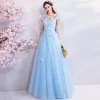 Chic / Beautiful Sky Blue Evening Dresses  2018 A-Line / Princess U-Neck Cap Sleeves Butterfly Appliques Lace Beading Bow Sash Floor-Length / Long Ruffle