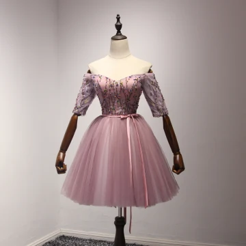 Chic Beautiful Pearl Pink Party Dresses 2017 Ball Gown Off The Shoulder 1 2 Sleeves Appliques Lace Beading Crystal Sash Short Ruffle Backless Formal Dresses