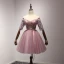 Chic / Beautiful Pearl Pink Party Dresses 2017 Ball Gown Off-The-Shoulder 1/2 Sleeves Appliques Lace Beading Crystal Sash Short Ruffle Backless Formal Dresses