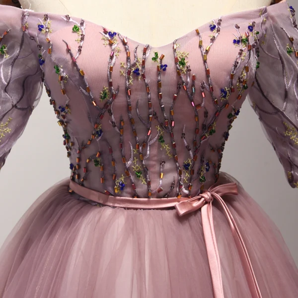 Chic / Beautiful Pearl Pink Party Dresses 2017 Ball Gown Off-The-Shoulder 1/2 Sleeves Appliques Lace Beading Crystal Sash Short Ruffle Backless Formal Dresses