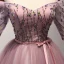Chic / Beautiful Pearl Pink Party Dresses 2017 Ball Gown Off-The-Shoulder 1/2 Sleeves Appliques Lace Beading Crystal Sash Short Ruffle Backless Formal Dresses