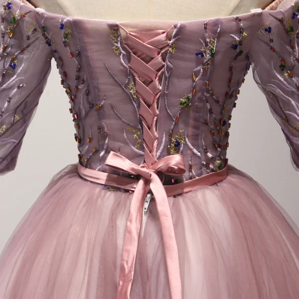 Chic / Beautiful Pearl Pink Party Dresses 2017 Ball Gown Off-The-Shoulder 1/2 Sleeves Appliques Lace Beading Crystal Sash Short Ruffle Backless Formal Dresses