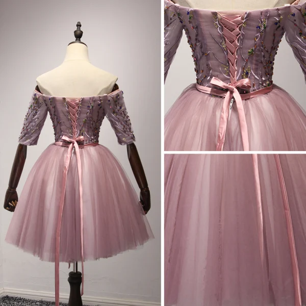 Chic / Beautiful Pearl Pink Party Dresses 2017 Ball Gown Off-The-Shoulder 1/2 Sleeves Appliques Lace Beading Crystal Sash Short Ruffle Backless Formal Dresses