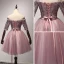 Chic / Beautiful Pearl Pink Party Dresses 2017 Ball Gown Off-The-Shoulder 1/2 Sleeves Appliques Lace Beading Crystal Sash Short Ruffle Backless Formal Dresses