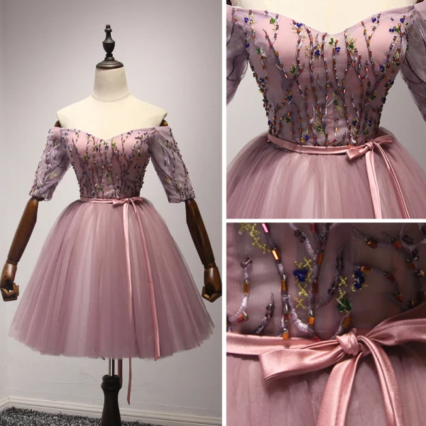 Chic / Beautiful Pearl Pink Party Dresses 2017 Ball Gown Off-The-Shoulder 1/2 Sleeves Appliques Lace Beading Crystal Sash Short Ruffle Backless Formal Dresses