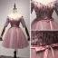 Chic / Beautiful Pearl Pink Party Dresses 2017 Ball Gown Off-The-Shoulder 1/2 Sleeves Appliques Lace Beading Crystal Sash Short Ruffle Backless Formal Dresses