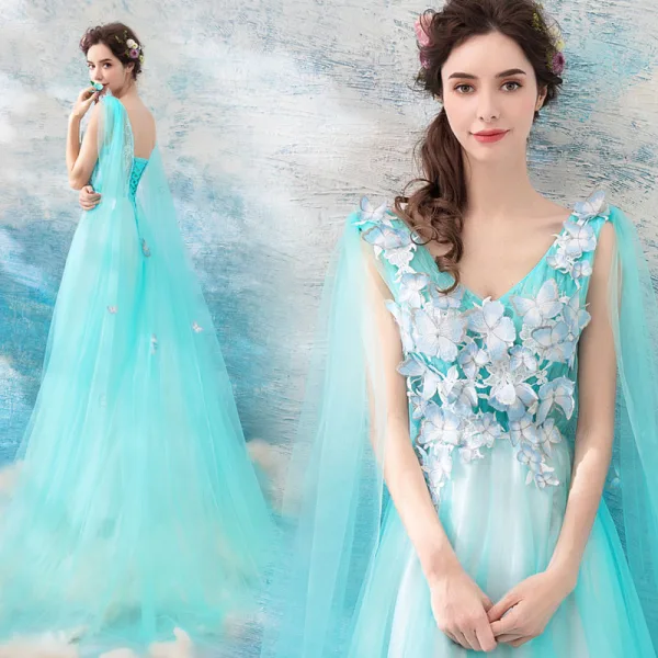 Chic / Beautiful Pool Blue Evening Dresses 2018 A-Line / Princess V-Neck Sleeveless Appliques Butterfly Watteau Train Ruffle Backless Formal Dresses