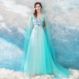 Chic Beautiful Pool Blue Evening Dresses 2018 A Line Princess V Neck Sleeveless Appliques Butterfly Watteau Train Ruffle Backless Formal Dresses