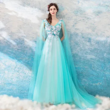 Chic Beautiful Pool Blue Evening Dresses 2018 A Line Princess V Neck Sleeveless Appliques Butterfly Watteau Train Ruffle Backless Formal Dresses