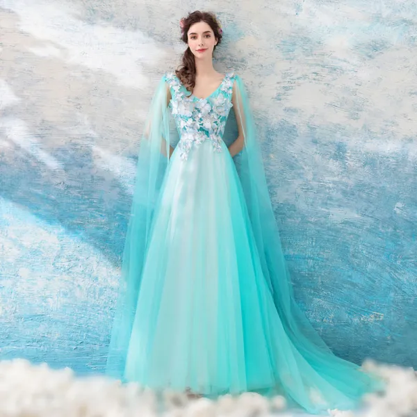 Charming Sky Blue Evening Dresses 2019 A-Line / Princess Spaghetti Straps Butterfly  Appliques Sleeveless Backless Floor