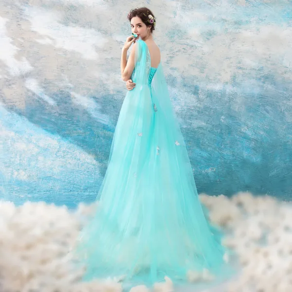 Chic / Beautiful Pool Blue Evening Dresses 2018 A-Line / Princess V-Neck Sleeveless Appliques Butterfly Watteau Train Ruffle Backless Formal Dresses