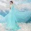 Chic / Beautiful Pool Blue Evening Dresses  2018 A-Line / Princess V-Neck Sleeveless Appliques Butterfly Watteau Train Ruffle Backless Formal Dresses