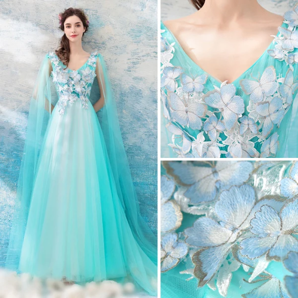 Chic / Beautiful Pool Blue Evening Dresses 2018 A-Line / Princess V-Neck Sleeveless Appliques Butterfly Watteau Train Ruffle Backless Formal Dresses