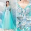Chic / Beautiful Pool Blue Evening Dresses  2018 A-Line / Princess V-Neck Sleeveless Appliques Butterfly Watteau Train Ruffle Backless Formal Dresses