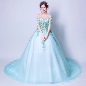 Flower Fairy Pool Blue Prom Dresses 2018 Ball Gown Off The Shoulder 3 4 Sleeve Flower Appliques Lace Chapel Train Ruffle Backless Formal Dresses
