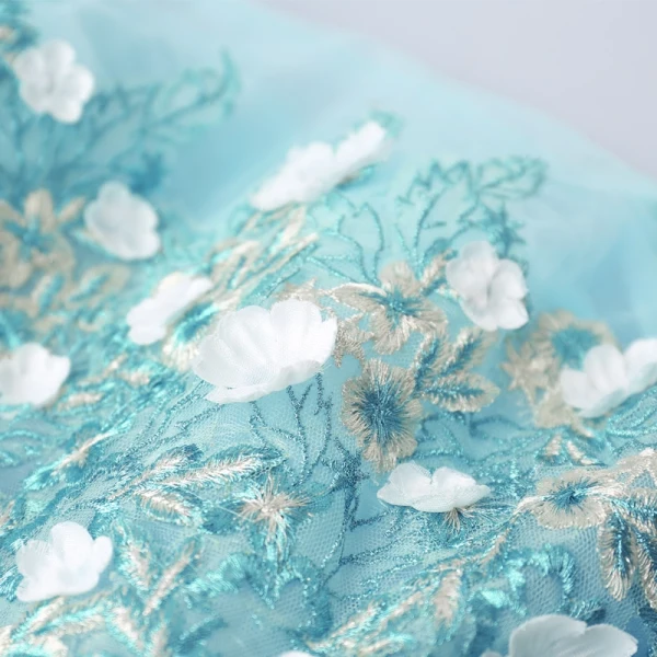 Flower Fairy Pool Blue Prom Dresses 2018 Ball Gown Off-The-Shoulder 3/4 Sleeve Flower Appliques Lace Chapel Train Ruffle Backless Formal Dresses