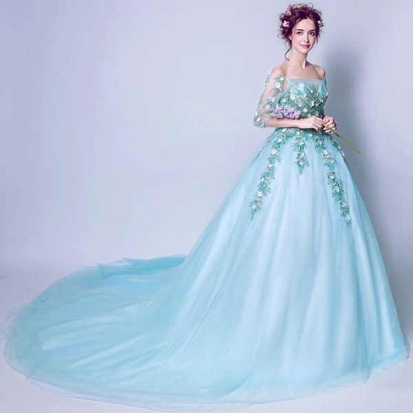 Flower Fairy Pool Blue Prom Dresses 2018 Ball Gown Off-The-Shoulder 3/4 Sleeve Flower Appliques Lace Chapel Train Ruffle Backless Formal Dresses