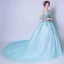 Flower Fairy Pool Blue Prom Dresses 2018 Ball Gown Off-The-Shoulder 3/4 Sleeve Flower Appliques Lace Chapel Train Ruffle Backless Formal Dresses
