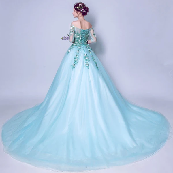 Flower Fairy Pool Blue Prom Dresses 2018 Ball Gown Off-The-Shoulder 3/4 Sleeve Flower Appliques Lace Chapel Train Ruffle Backless Formal Dresses