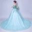 Flower Fairy Pool Blue Prom Dresses 2018 Ball Gown Off-The-Shoulder 3/4 Sleeve Flower Appliques Lace Chapel Train Ruffle Backless Formal Dresses