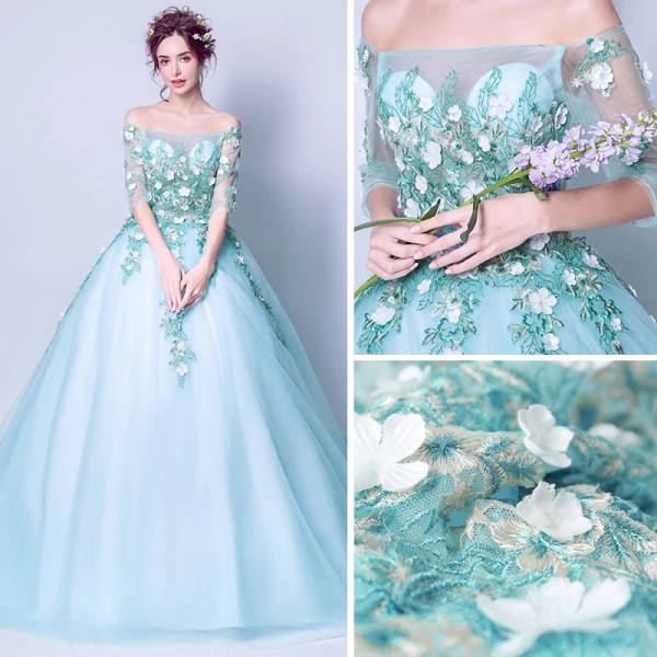 Flower Fairy Pool Blue Prom Dresses 2018 Ball Gown Off-The-Shoulder 3/4 Sleeve Flower Appliques Lace Chapel Train Ruffle Backless Formal Dresses