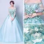 Flower Fairy Pool Blue Prom Dresses 2018 Ball Gown Off-The-Shoulder 3/4 Sleeve Flower Appliques Lace Chapel Train Ruffle Backless Formal Dresses