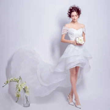 High Low White Organza Summer Beach Wedding Dresses 2018 A Line Princess Off The Shoulder Short Sleeve Backless Appliques Lace Asymmetrical Cascading Ruffles