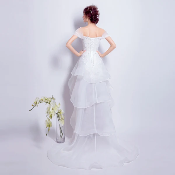 Hohes Niedriges Weiß Organza Sommer Strand Brautkleider 2018 A Linie Off Shoulder Kurze Ärmel Rückenfreies Applikationen Mit Spitze Asymmetrisch Fallende Rüsche