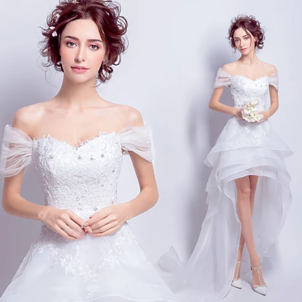 Hohes Niedriges Weiß Organza Sommer Strand Brautkleider 2018 A Linie Off Shoulder Kurze Ärmel Rückenfreies Applikationen Mit Spitze Asymmetrisch Fallende Rüsche