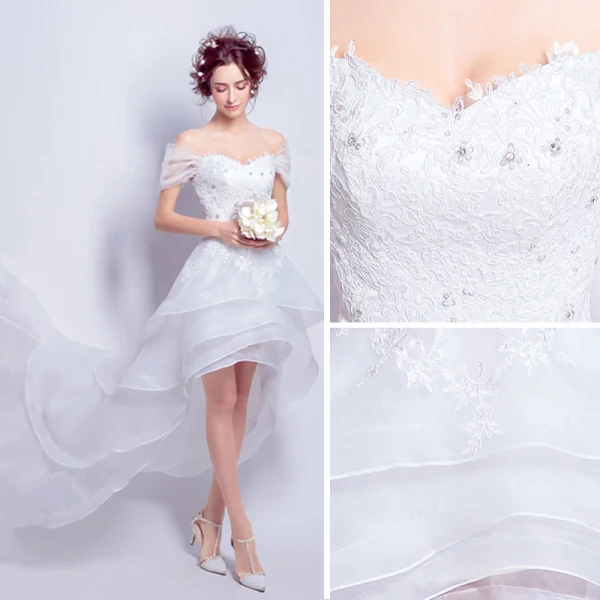 Hohes Niedriges Weiß Organza Sommer Strand Brautkleider 2018 A Linie Off Shoulder Kurze Ärmel Rückenfreies Applikationen Mit Spitze Asymmetrisch Fallende Rüsche