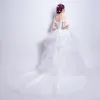 Chic / Beautiful White Organza Summer Beach Wedding Dresses 2018 Ball Gown Off-The-Shoulder Short Sleeve Backless Asymmetrical Chapel Train Ruffle