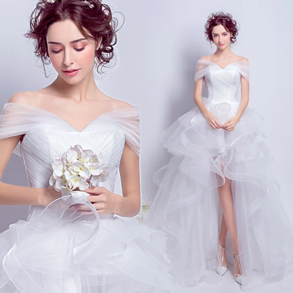 Mooie / Prachtige Witte Organza Zomer Strand Trouwjurken 2018 Baljurk Uit De Schouder Korte Mouwen Ruglooze Asymmetrisch Chapel Train Ruche