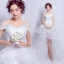 Mooie / Prachtige Witte Organza Zomer Strand Trouwjurken 2018 Baljurk Uit De Schouder Korte Mouwen Ruglooze Asymmetrisch Chapel Train Ruche