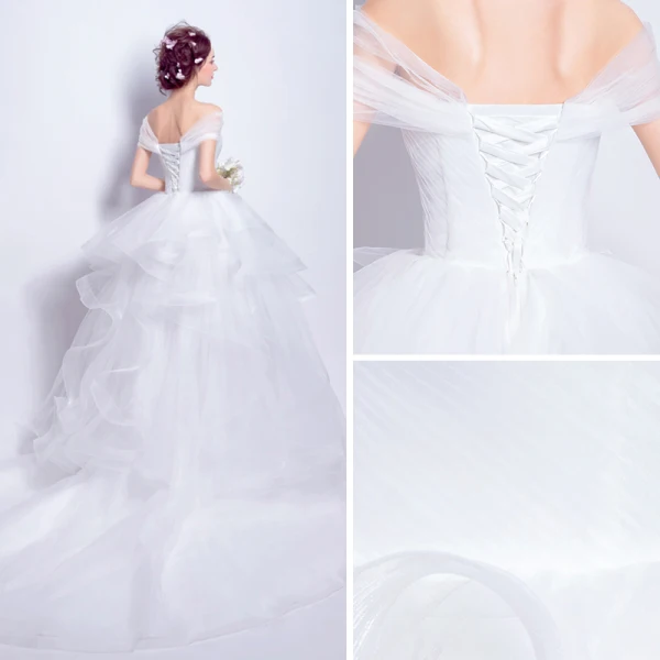 Mooie / Prachtige Witte Organza Zomer Strand Trouwjurken 2018 Baljurk Uit De Schouder Korte Mouwen Ruglooze Asymmetrisch Chapel Train Ruche
