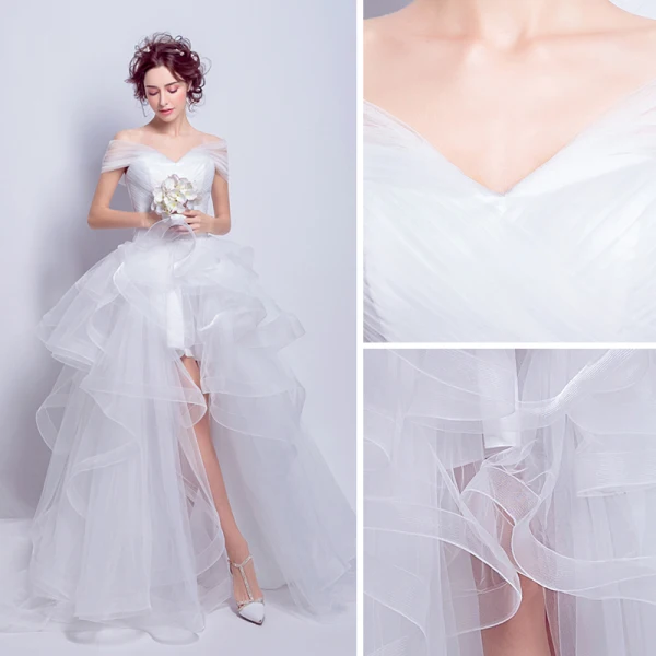 Mooie / Prachtige Witte Organza Zomer Strand Trouwjurken 2018 Baljurk Uit De Schouder Korte Mouwen Ruglooze Asymmetrisch Chapel Train Ruche