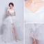 Mooie / Prachtige Witte Organza Zomer Strand Trouwjurken 2018 Baljurk Uit De Schouder Korte Mouwen Ruglooze Asymmetrisch Chapel Train Ruche