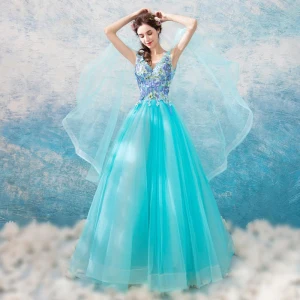 Chic Beautiful Pool Blue Prom Dresses 2018 A Line Princess V Neck Amazing Unique Sleeveless Appliques Lace Floor Length Long Ruffle Backless Formal Dresses