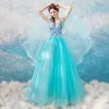 Chic / Beautiful Pool Blue Prom Dresses 2018 A-Line / Princess V-Neck Amazing / Unique Sleeveless Appliques Lace Floor-Length / Long Ruffle Backless Formal Dresses