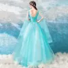 Chic / Beautiful Pool Blue Prom Dresses 2018 A-Line / Princess V-Neck Amazing / Unique Sleeveless Appliques Lace Floor-Length / Long Ruffle Backless Formal Dresses