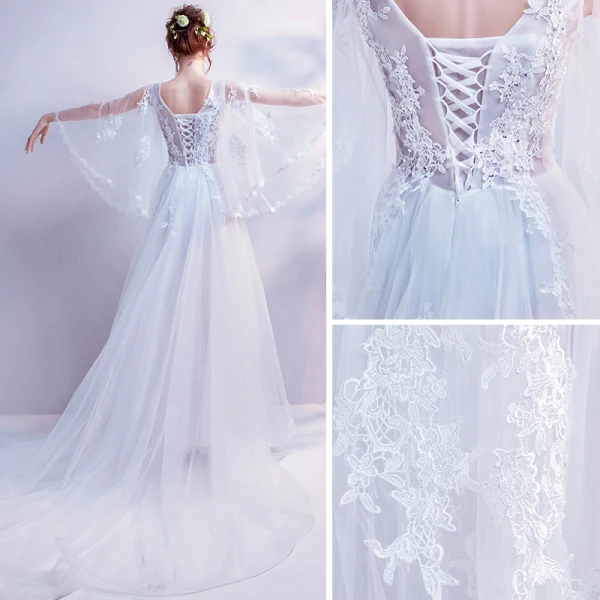 Rabatt Vita Pierced Bröllopsklänningar 2018 Prinsessa V-Hals Långärmad Halterneck Appliqués Spets Paljetter Beading Ruffle Chapel Train