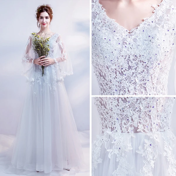 Rabatt Vita Pierced Bröllopsklänningar 2018 Prinsessa V-Hals Långärmad Halterneck Appliqués Spets Paljetter Beading Ruffle Chapel Train