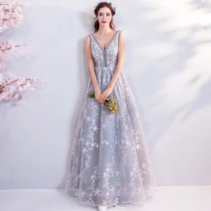 Chic Beautiful Grey Evening Dresses 2018 Empire V Neck Sleeveless Star Appliques Beading Floor Length Long Ruffle Backless Formal Dresses