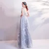 Chic / Beautiful Grey Evening Dresses  2018 Empire V-Neck Sleeveless Star Appliques Beading Floor-Length / Long Ruffle Backless Formal Dresses