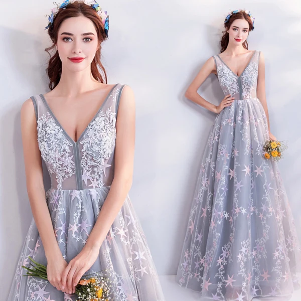 Chic / Belle Gris Robe De Soirée 2018 Empire V-Cou Sans Manches Étoile Appliques Perlage Longue Volants Dos Nu Robe De Ceremonie