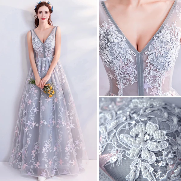 Chic / Belle Gris Robe De Soirée 2018 Empire V-Cou Sans Manches Étoile Appliques Perlage Longue Volants Dos Nu Robe De Ceremonie