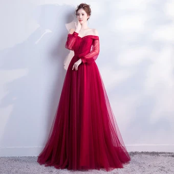 Chic Belle Bordeaux Robe De Soirée 2018 Princesse De L Épaule Manches Longues Ceinture Chapel Train Volants Dos Nu Robe De Ceremonie